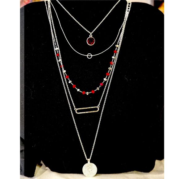 Minimalist Metallic Beaded Layered Necklace Set – Red Crystal & Pavé - Picture 1 of 10